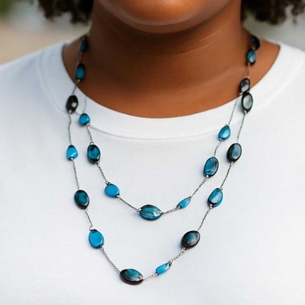 Handcrafted Sea Glass Bead Necklace Hand Knotted Aqua & Smoky Bead 36 inch EVC - Picture 1 of 13